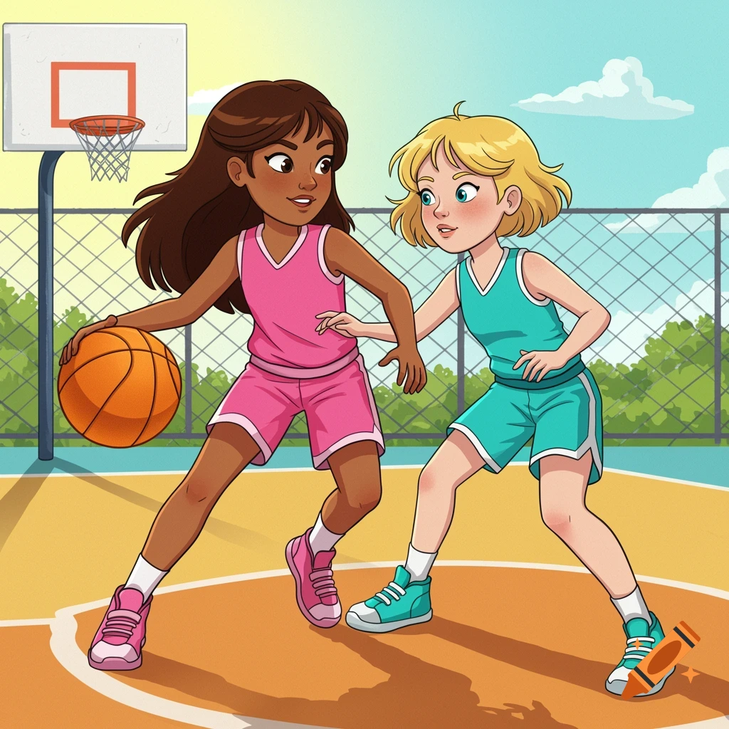 Clipart illustration of two girls playing basketball on an outdoor court.