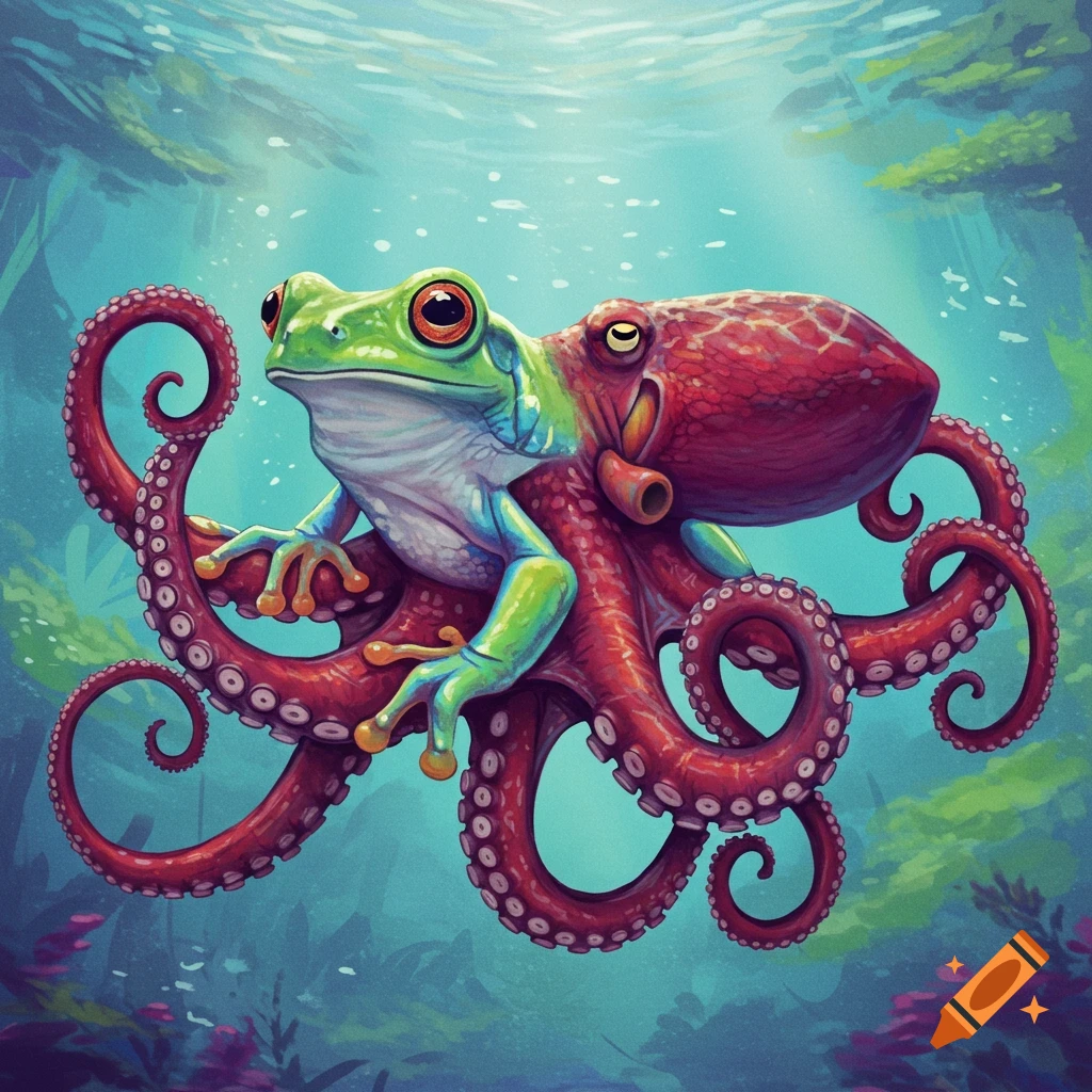 A bright green frog sits atop a red octopus swimming underwater in a stylized illustration.
