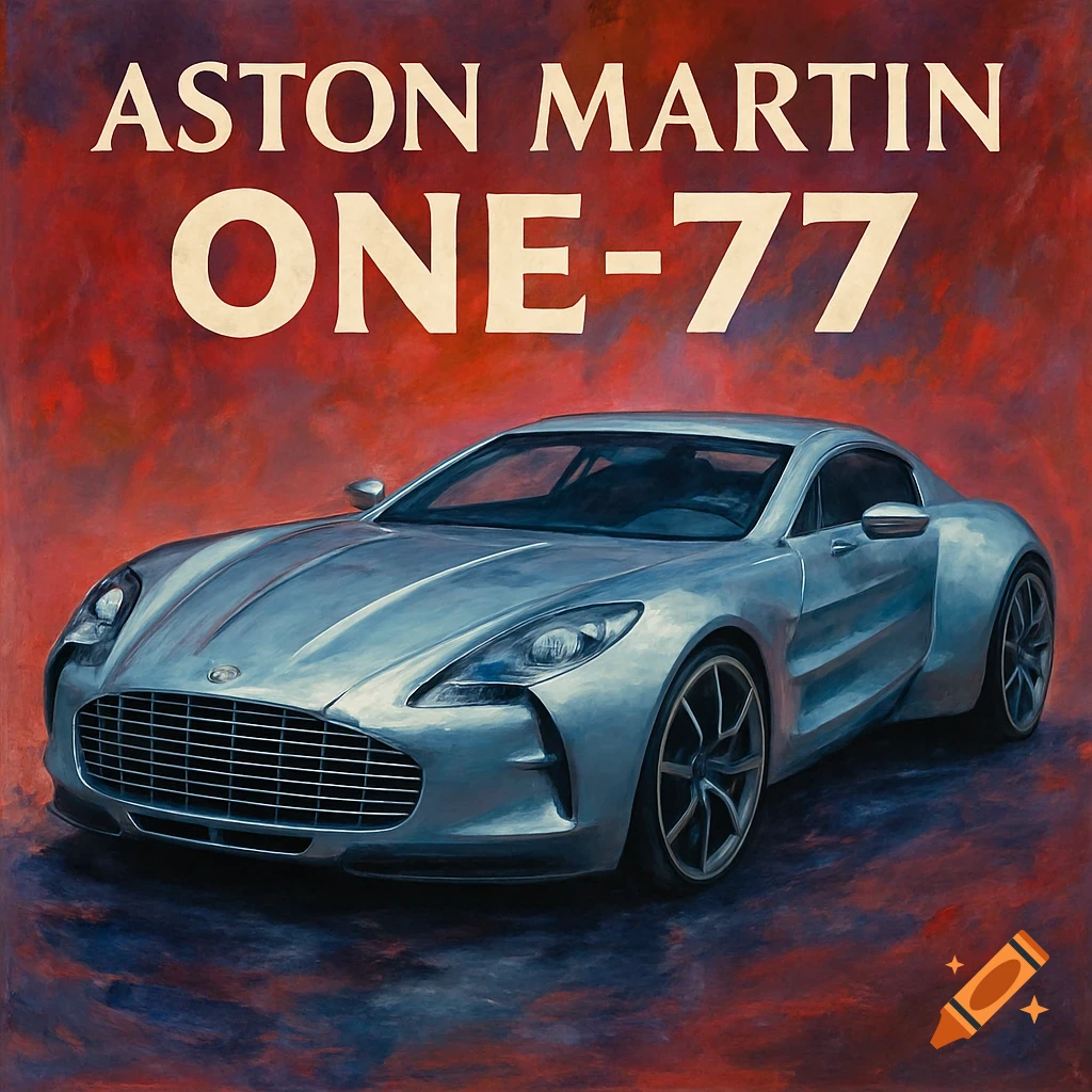 Painterly album cover art of a silver Aston Martin ONE-77 car with the text ASTON MARTIN ONE-77 above it.