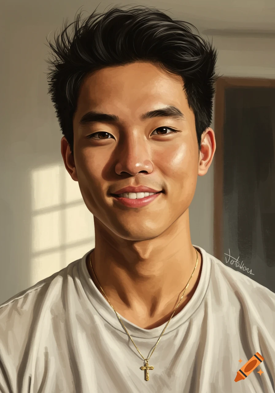 Realistic digital portrait of a young Asian man smiling, wearing a cross necklace.