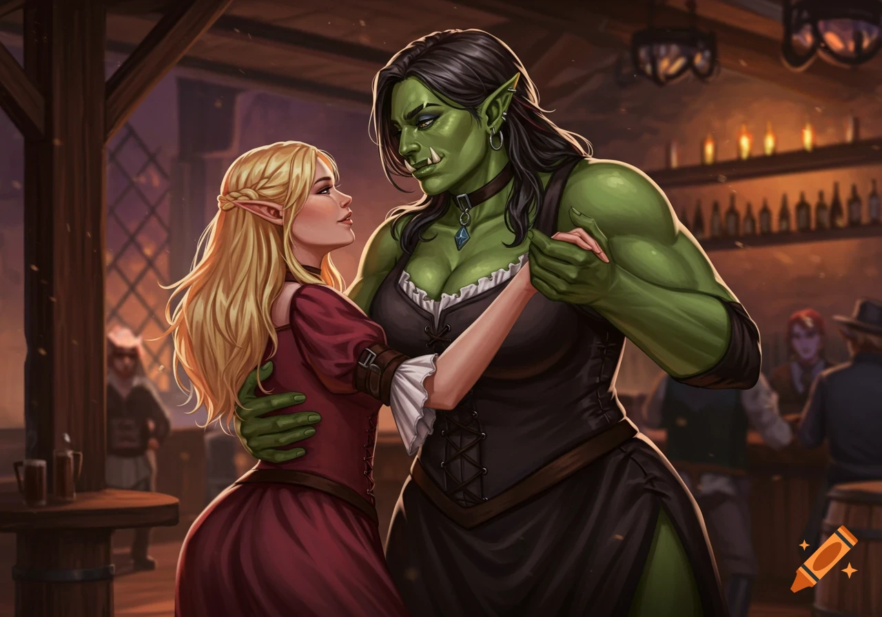 An orc woman and an elf woman dance romantically in a tavern.