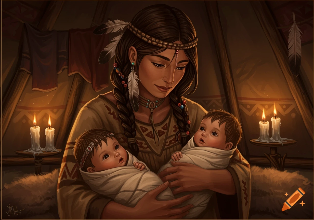 Digital painting of an Indigenous mother holding two babies in a tent.