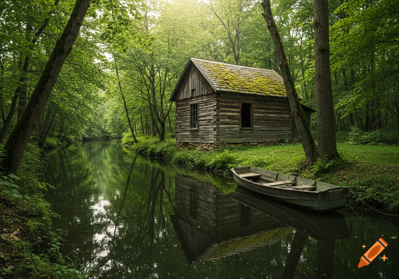 A rustic wooden cabin stands by a river in a lush forest, with a small boat moored nearby.