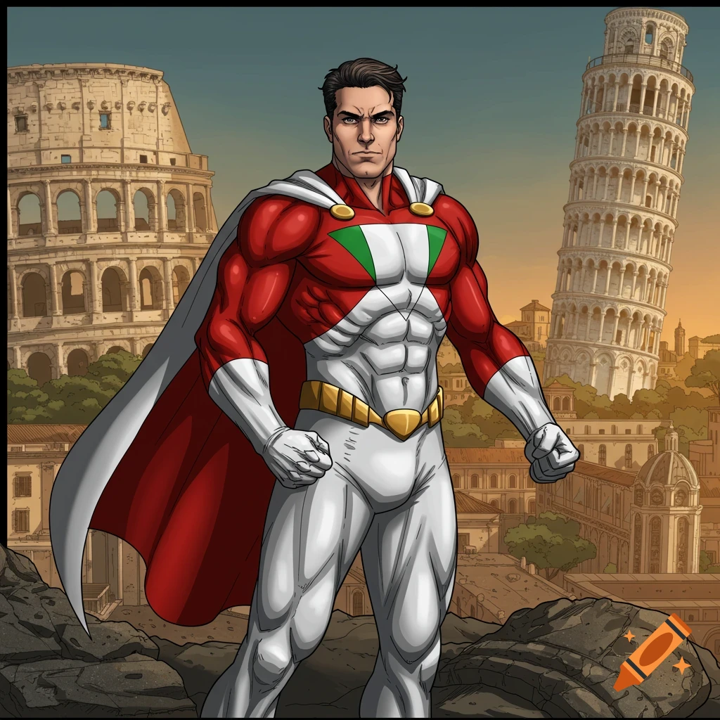 Comic book art of a superhero in red, white, and green Italian flag costume in front of the Colosseum and Leaning Tower of Pisa