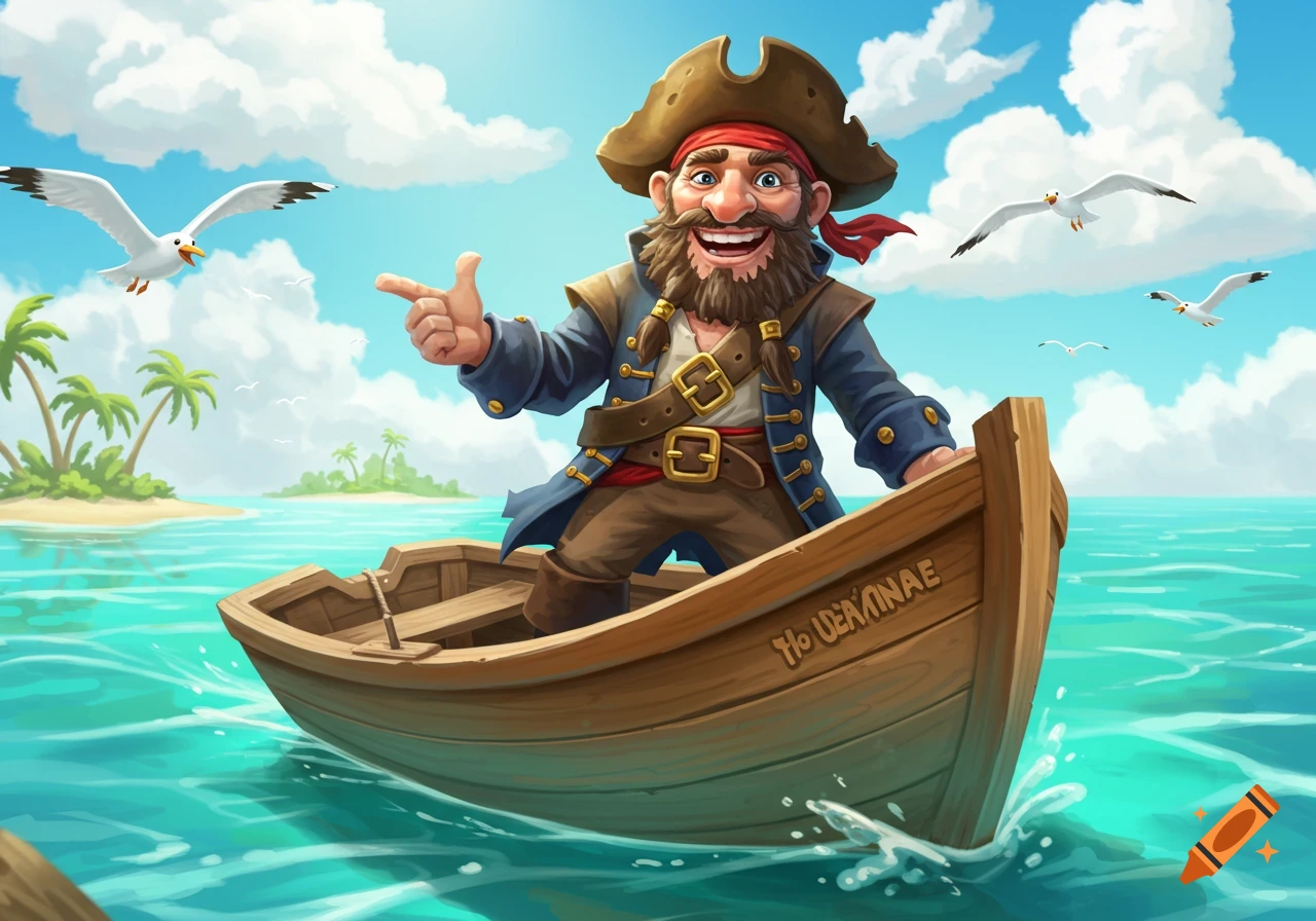 A cartoon pirate smiles and points while standing in a boat on the sea, with islands and seagulls in the background.