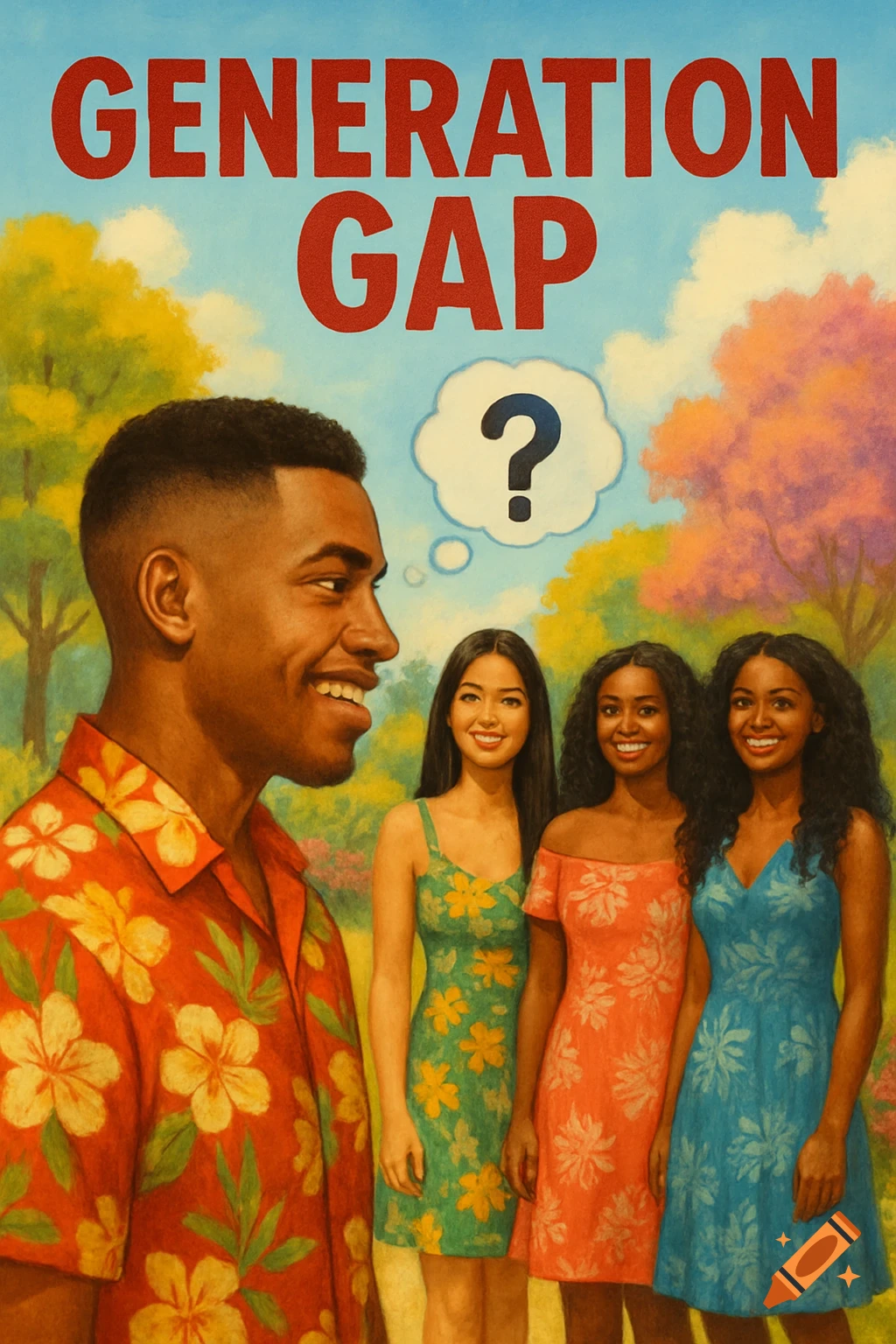 A young man in a Hawaiian shirt looks at three young women in dresses in a park, with the title "Generation Gap" above.