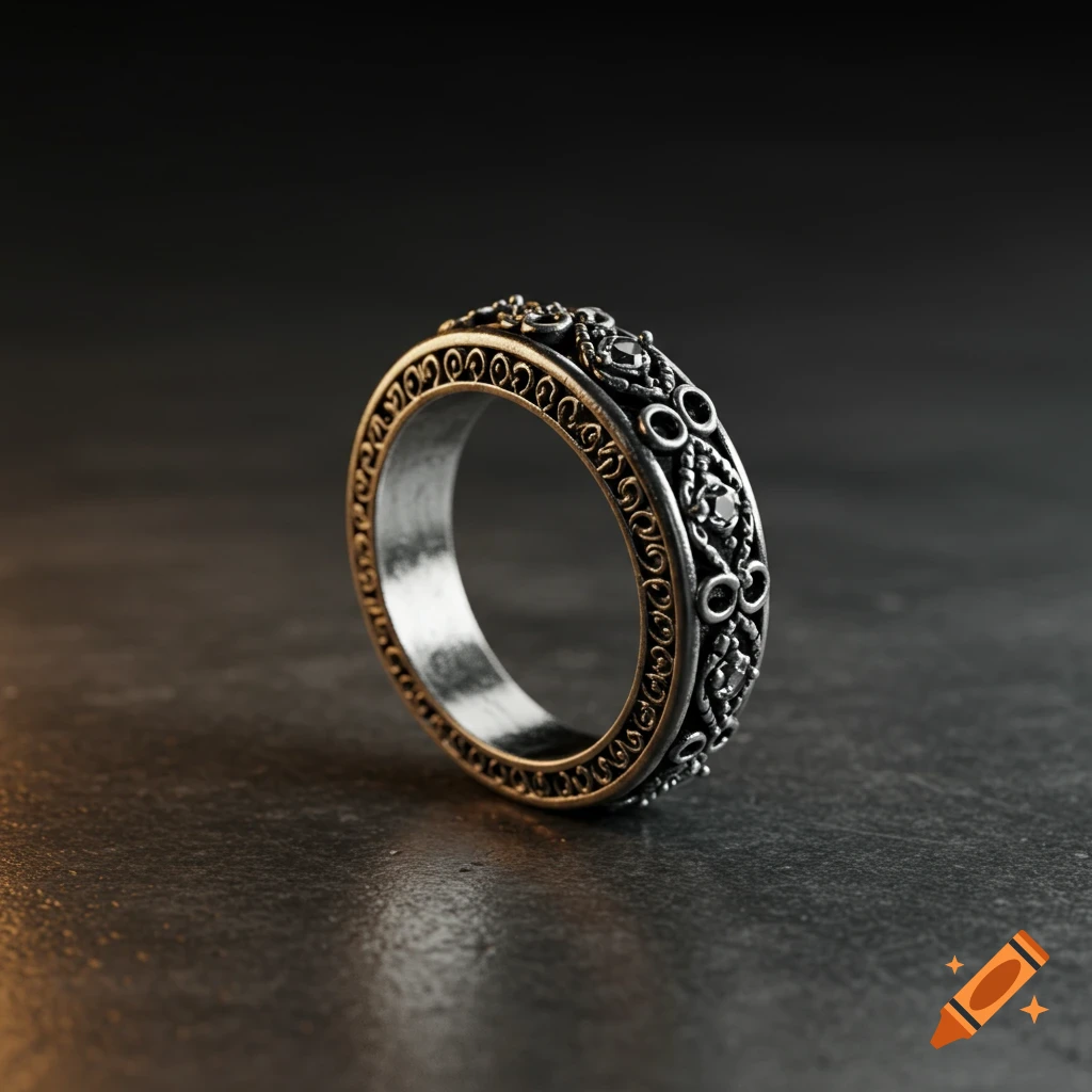 Detailed silver ring on a dark grey surface