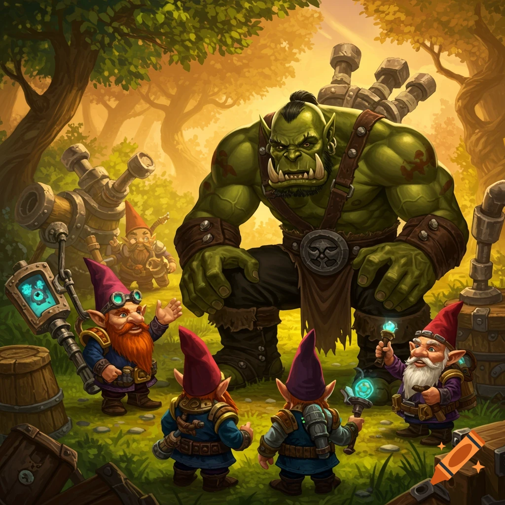 An orc is surrounded by gnomes in a forest clearing, rendered in a fantasy game art style.