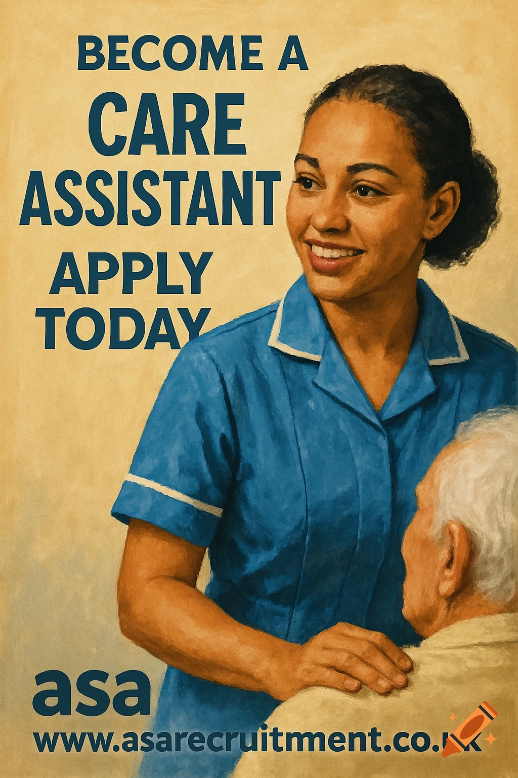 A poster advertisement features a smiling nurse next to an elderly patient, with text about becoming a care assistant.