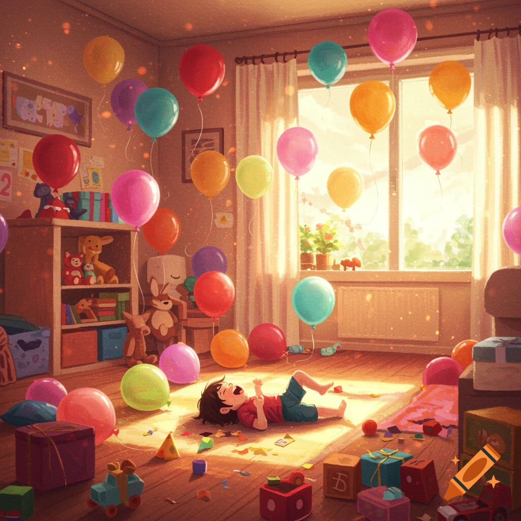 An illustration of a child laughing on the floor in a sunlit room filled with colorful balloons, toys, and gift boxes.