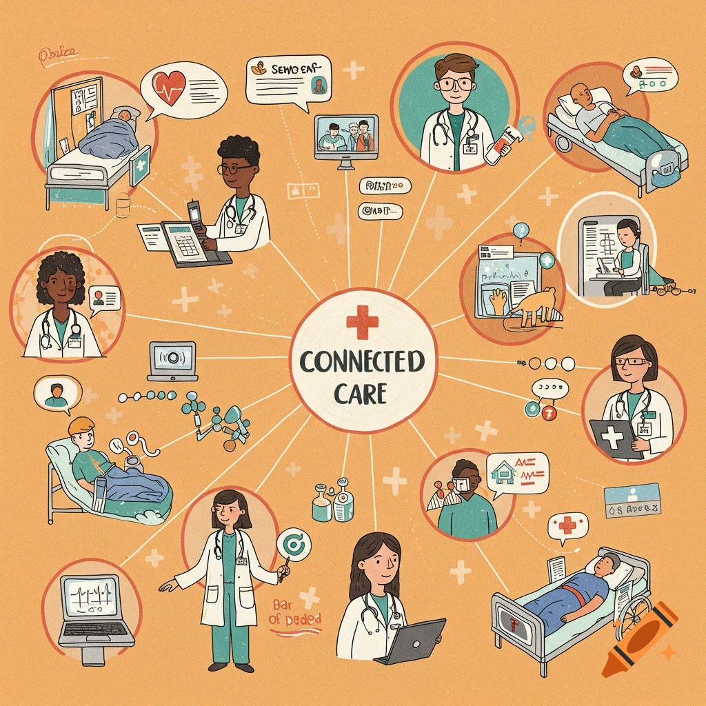 An illustration showing healthcare professionals, patients, and medical technology connected by lines around a central circle that says 'CONNECTED CARE'.