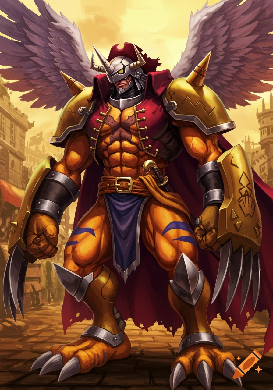 Large, winged, armored creature resembling Wargreymon with pirate-style coat stands in a town square. Digital art.