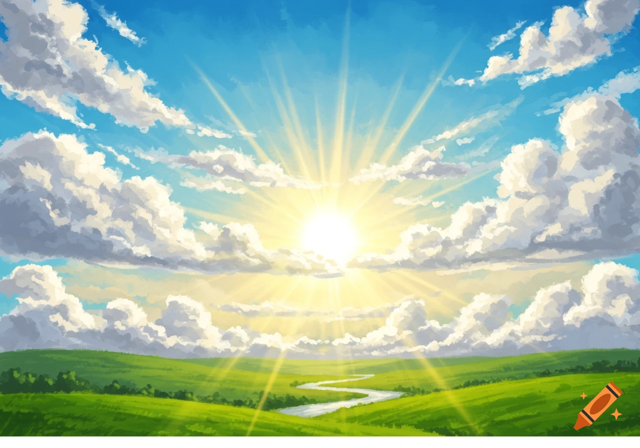 Bright sunbeams burst through clouds over a green field with a winding river, in a painterly illustration style.