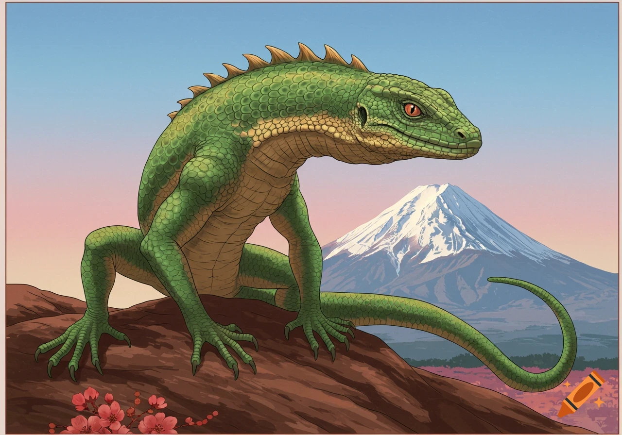 A giant green lizard stands on a rock overlooking Mount Fuji and cherry blossoms in an old Japanese art style.