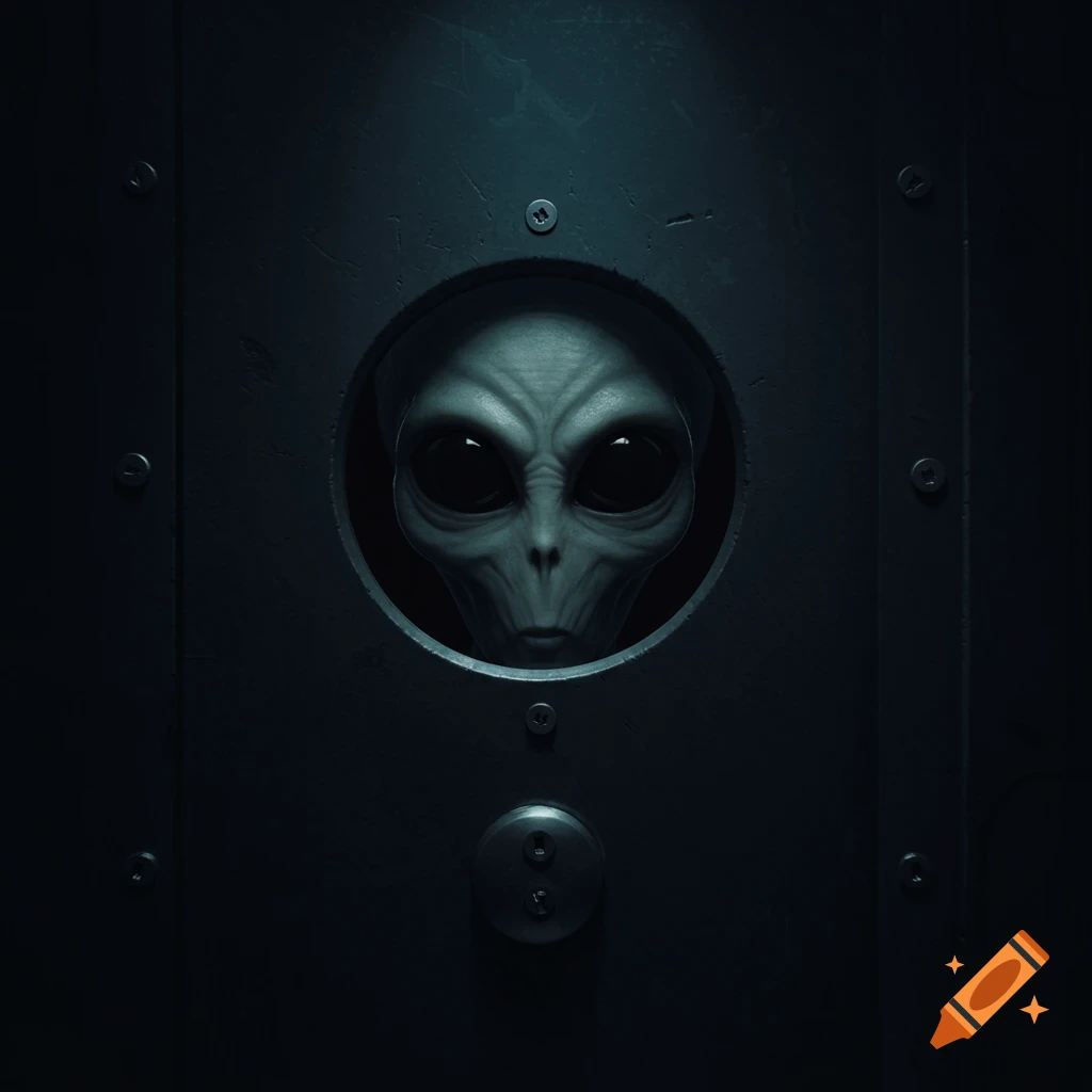 An alien head peers through a dark metal peep hole.