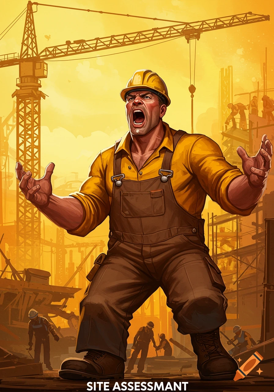 Illustration of a construction worker hollering at a construction site.