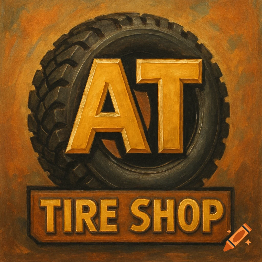 Painterly logo for AT Tire Shop featuring a large tire.