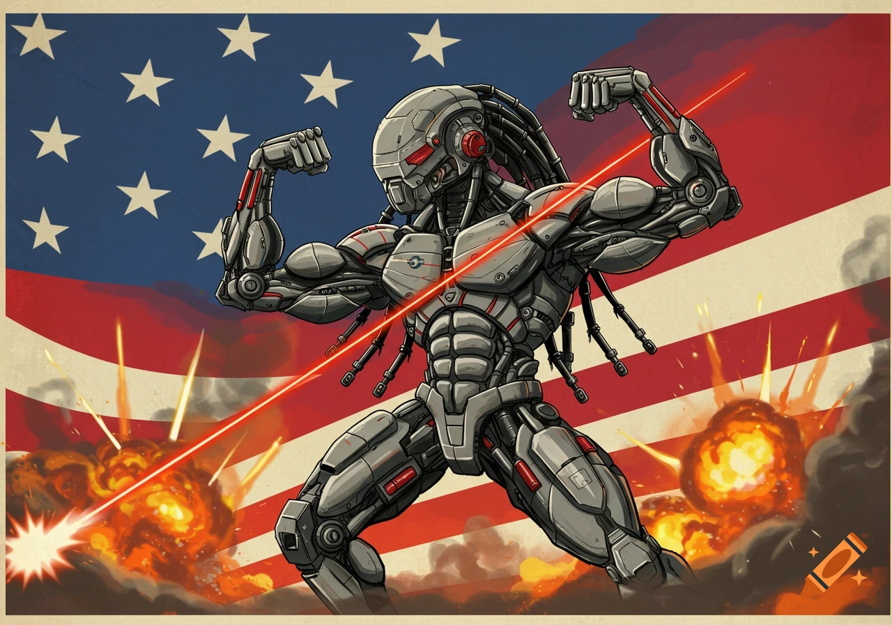 An illustration of a robot flexing in front of an American flag with explosions and lasers.