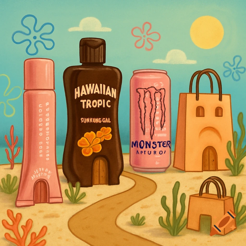 Stylized illustration of sunscreen, lip gloss, and energy drink bottles on a beach path resembling buildings.