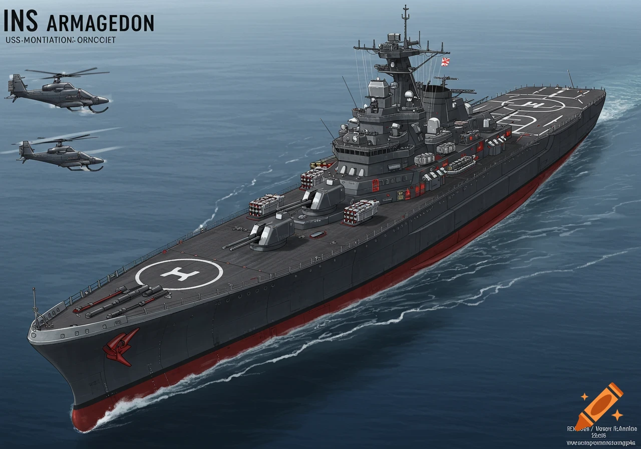 Stylized illustration of a dark grey futuristic battleship with helicopter pads, weapons, and red hull, with two helicopters flying above it on the sea.