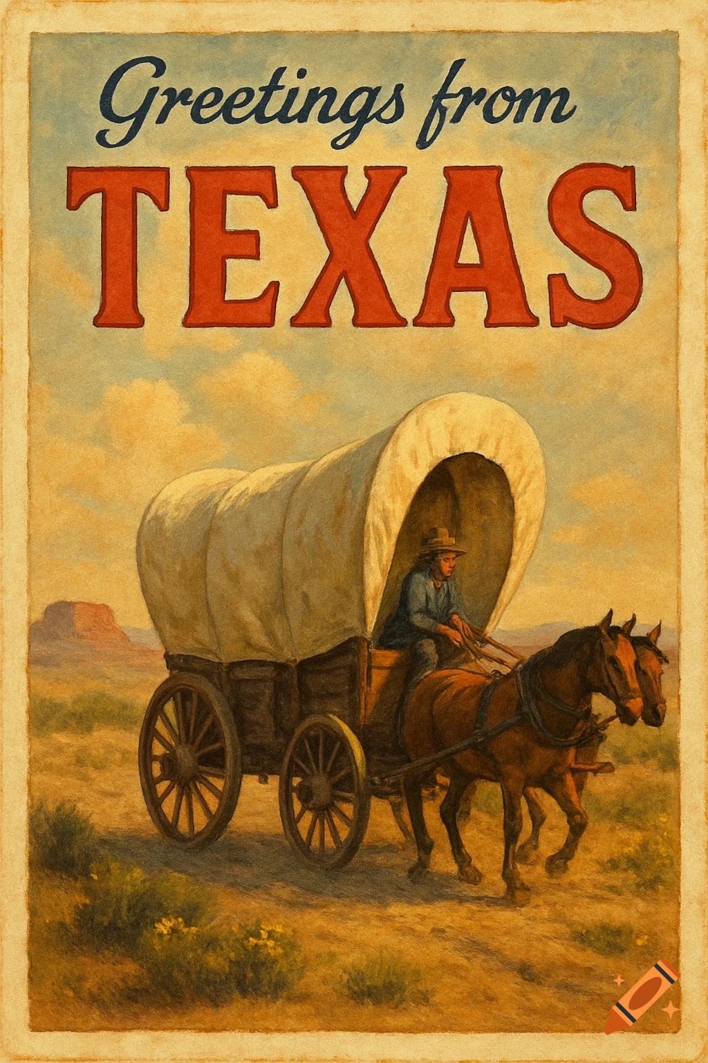Vintage postcard illustration of a covered wagon pulled by horses in a Western landscape, with text 'Greetings from TEXAS'.