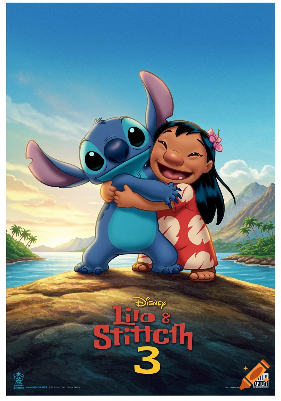 Movie poster for Disney's Lilo & Stitch 3 showing Stitch hugging Lilo on a rock.