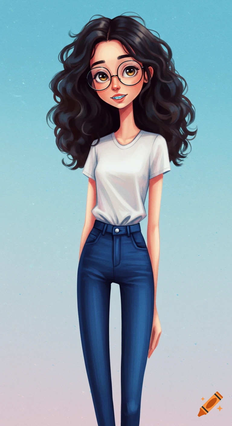 Stylized illustration of a girl with curly dark hair, glasses, and blue braces wearing a white t-shirt and jeans.