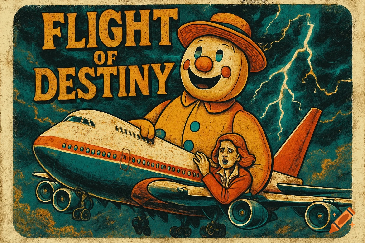 Vintage style movie poster for 'Flight of Destiny' showing a giant clown holding a Boeing 747 with a frightened woman during a storm.