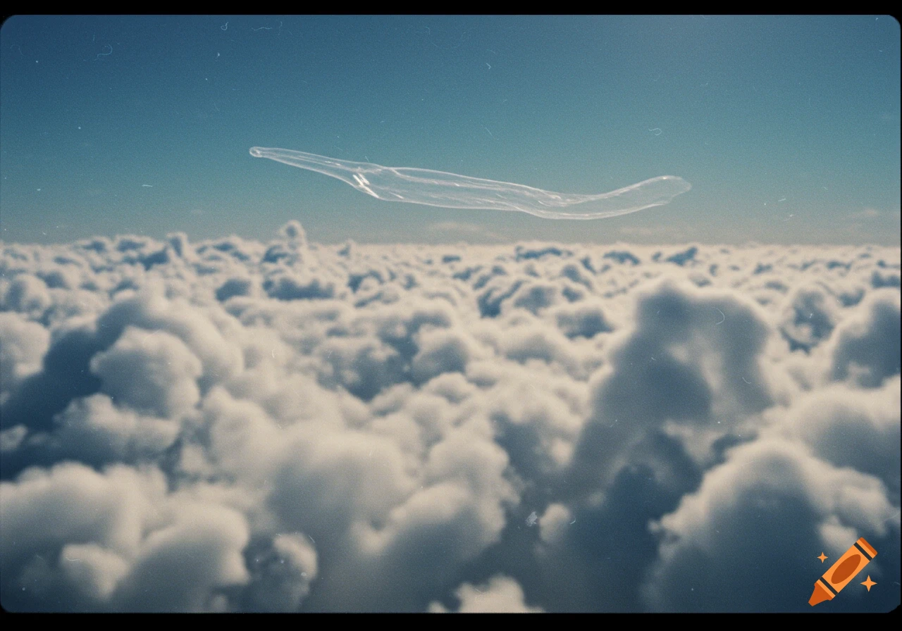 Blurry photo of a translucent shape flying above clouds, with a vintage filter.