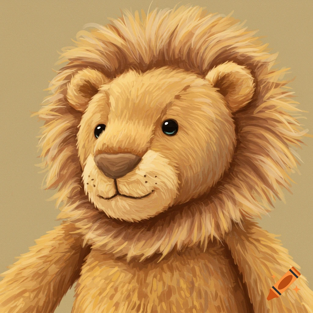 A close-up illustration of a fluffy, orange stuffed lion toy.