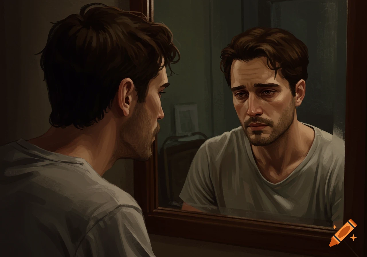 Digital painting of a man looking at his sad reflection in a mirror