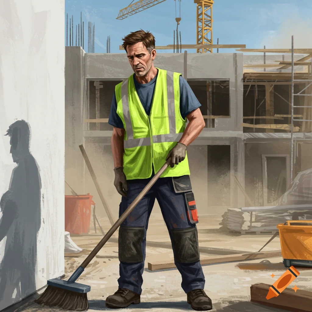 Construction worker sweeping floor at a construction site, illustration