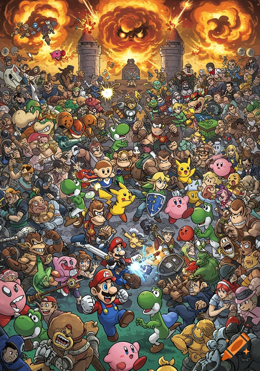 Large illustration of many Nintendo characters in a chaotic battle scene.