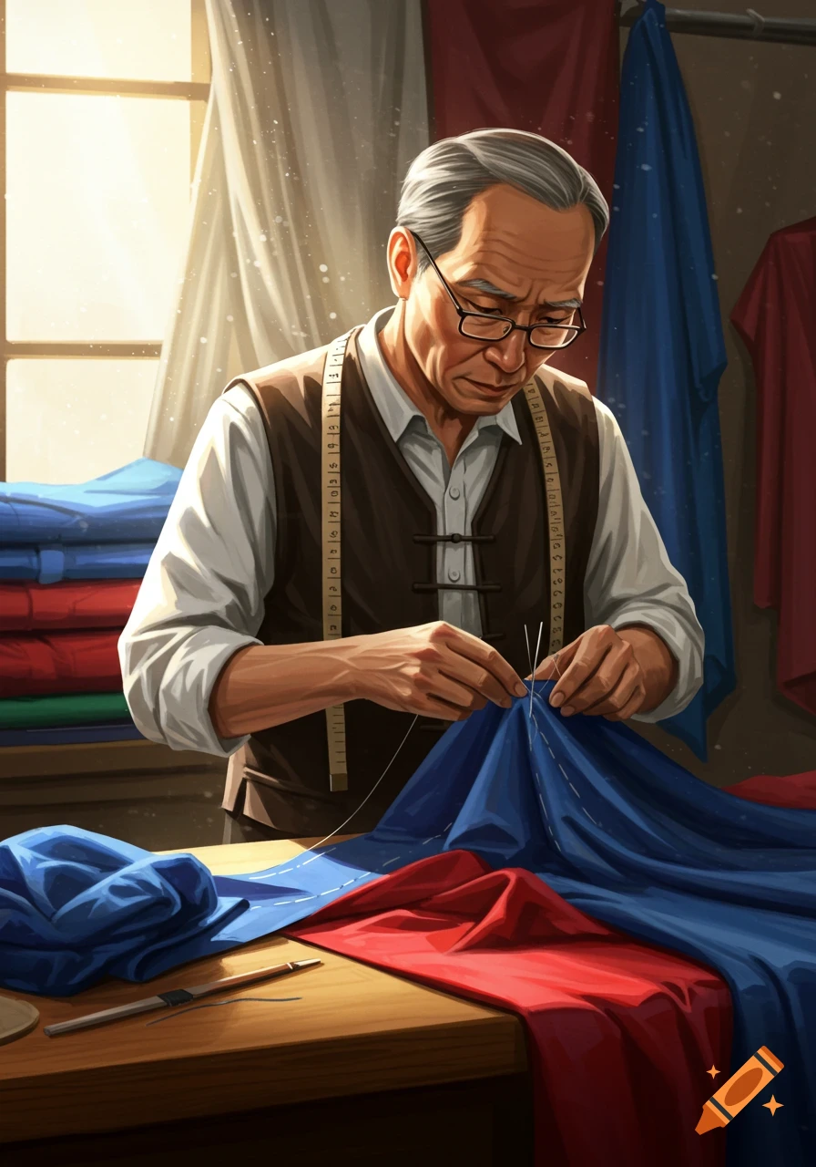 An old man with glasses sewing blue and red fabric with a needle and thread, wearing a measuring tape.