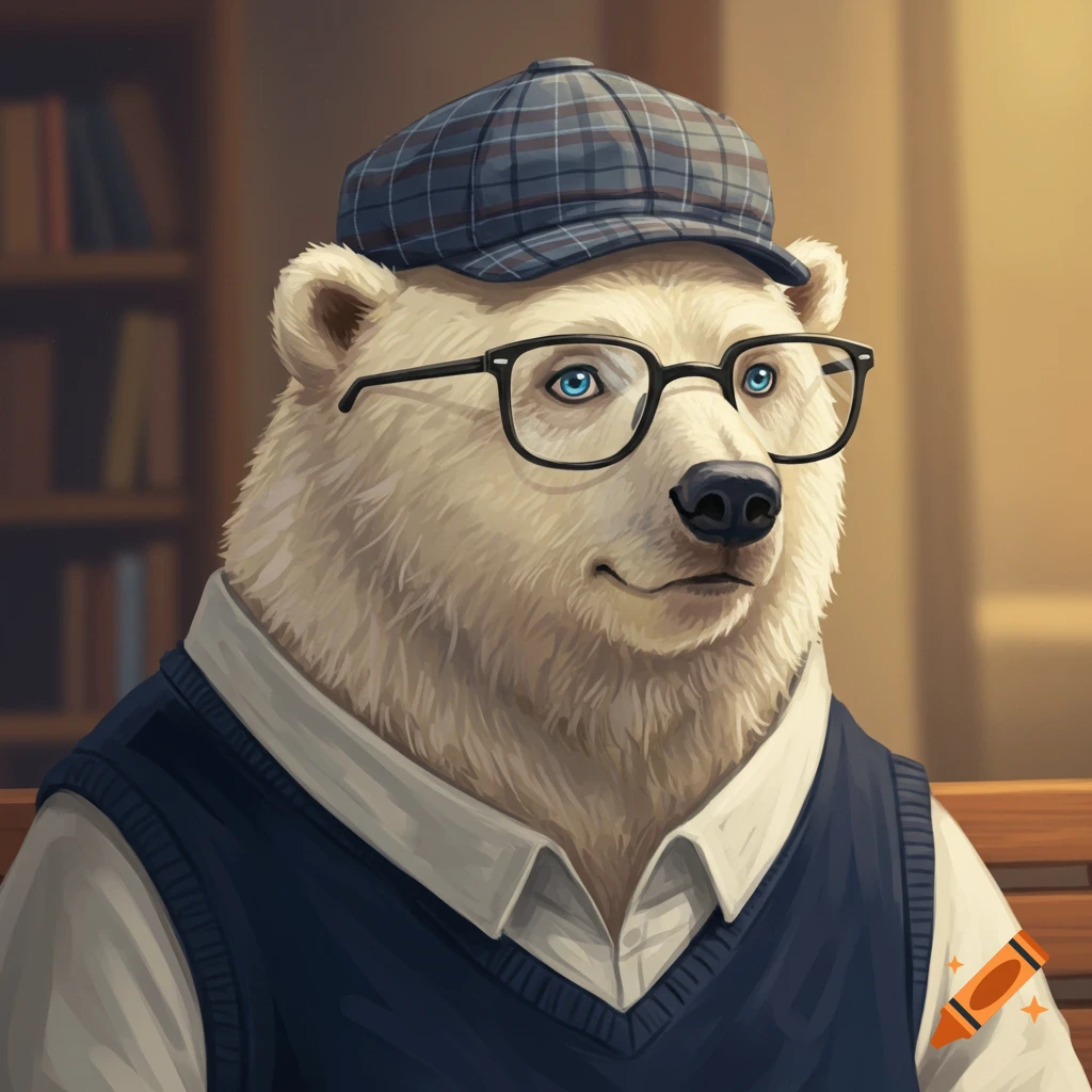 Anthropomorphic polar bear with glasses, hat, and vest sitting in a library.