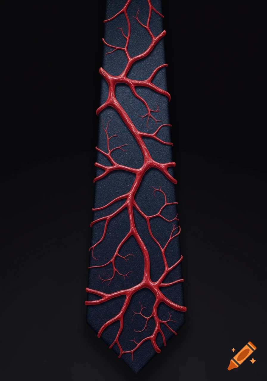 A dark blue necktie with raised red vein-like patterns against a black background.