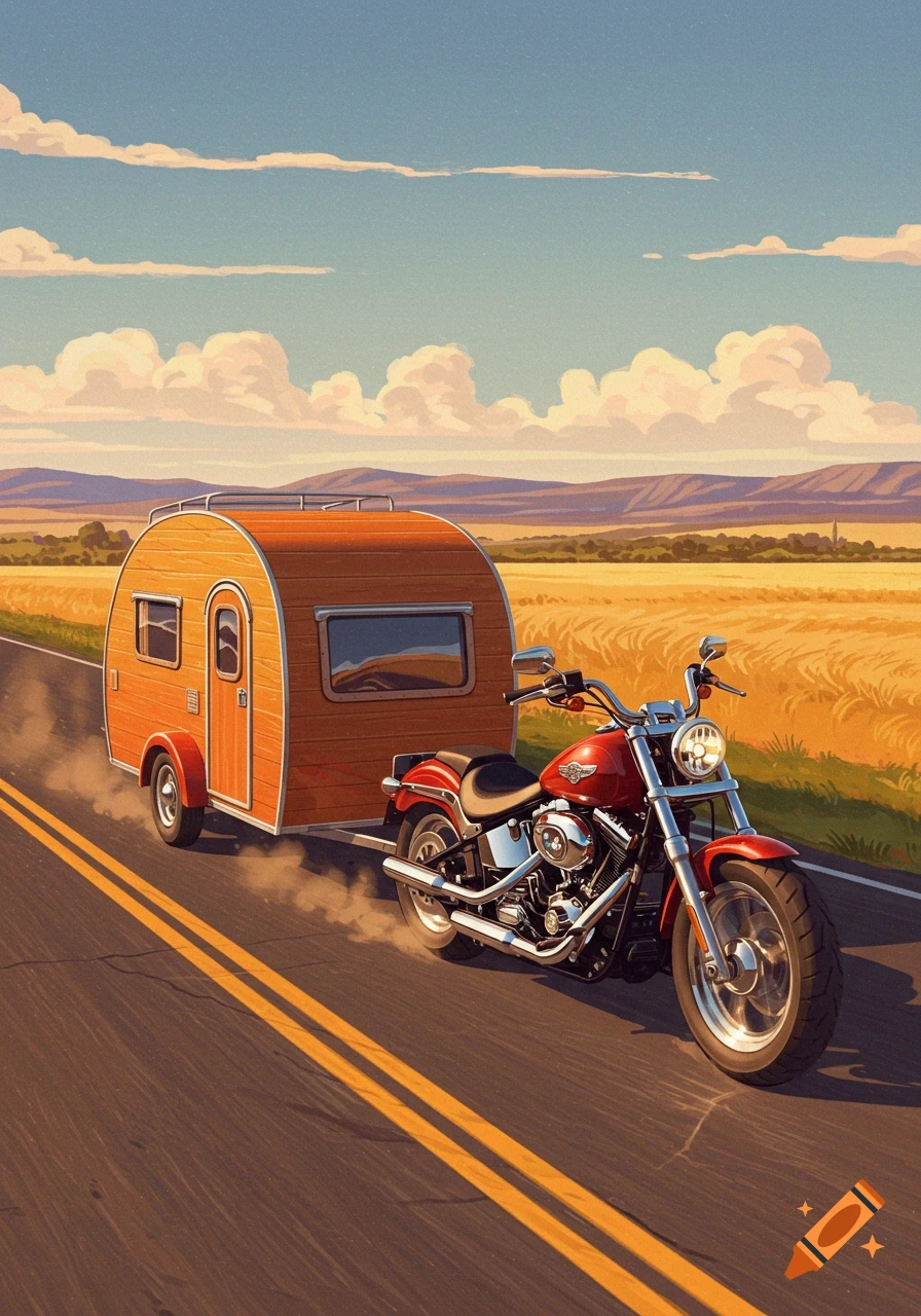 Red motorcycle towing a teardrop camper trailer on a road through a field at sunset, illustration.