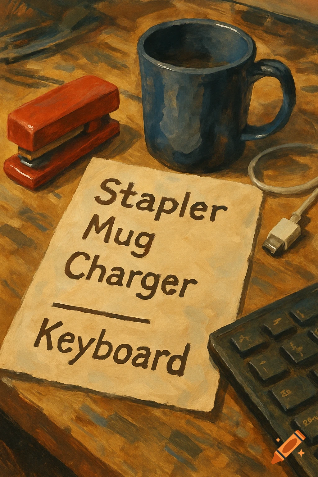 Still life painting of a messy desk with a stapler, mug, charger cable, keyboard, and a paper listing items.