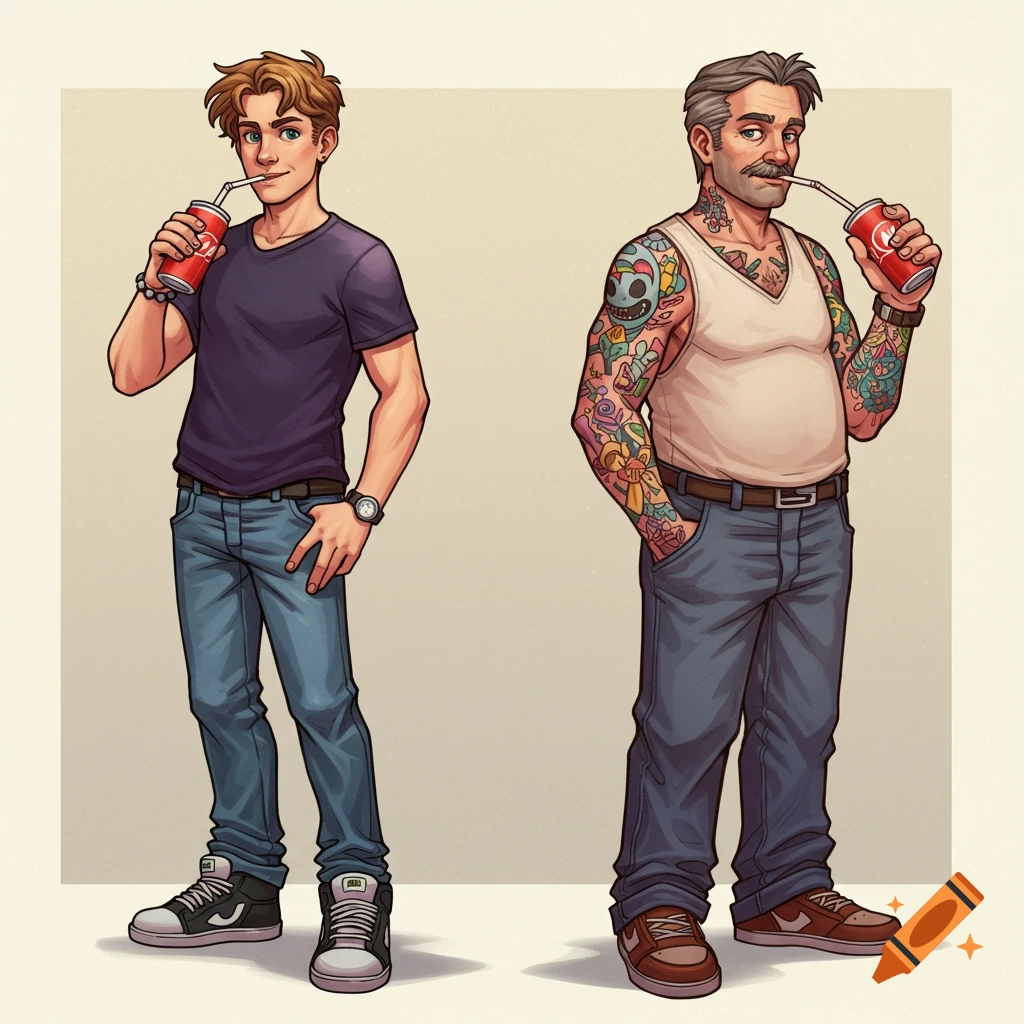 Two cartoon men, one young and one older with tattoos, stand drinking soda in a character illustration style.