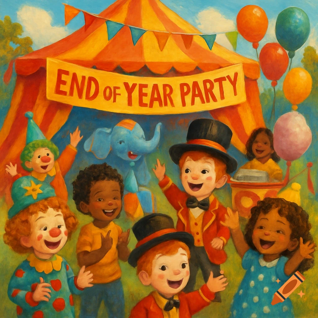 Painted illustration of diverse children, clowns, and a ringmaster character at a circus tent with balloons and a banner reading "END of YEAR PARTY".