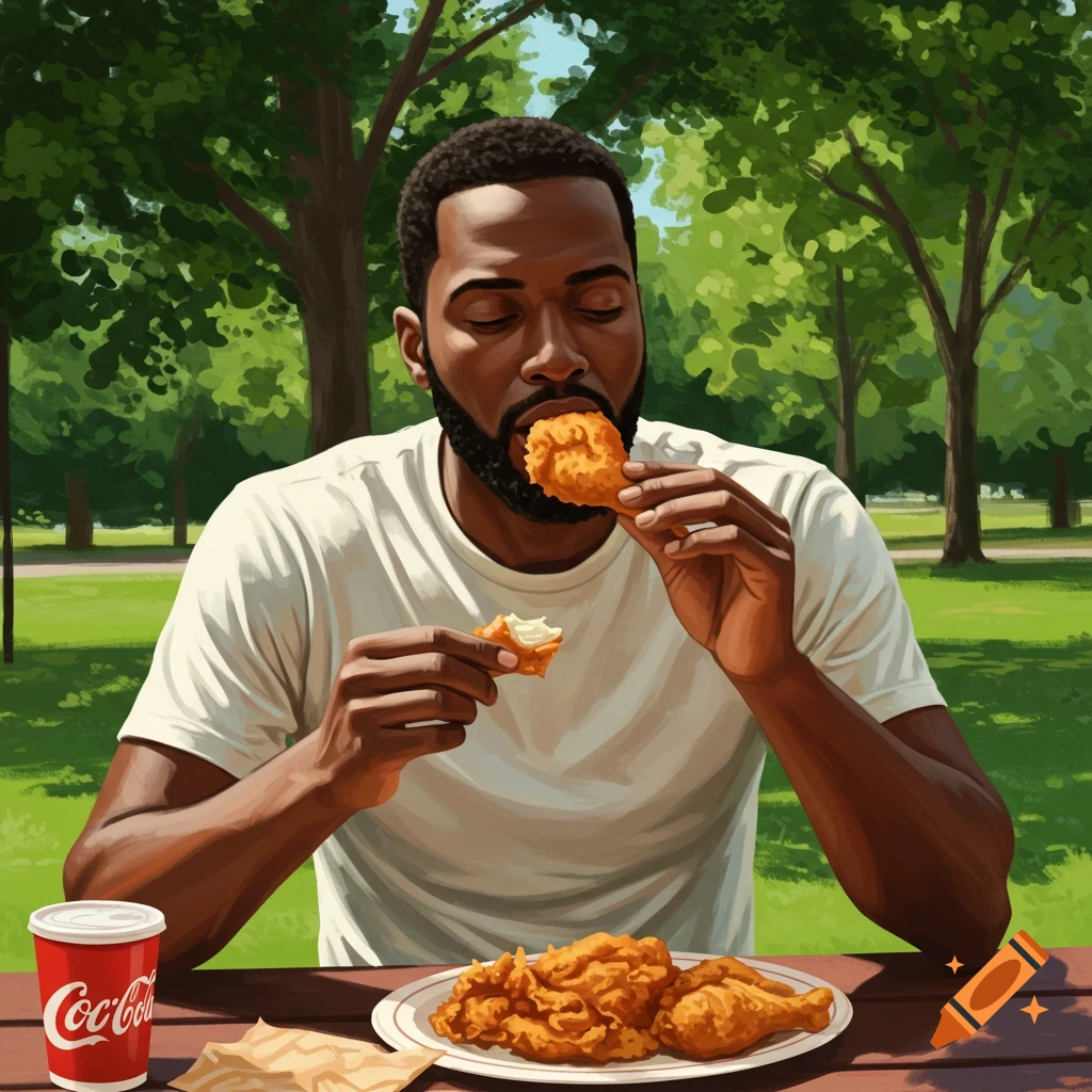 Illustrative image of a black man eating fried chicken at a picnic table in a park, with a Coca-Cola cup.