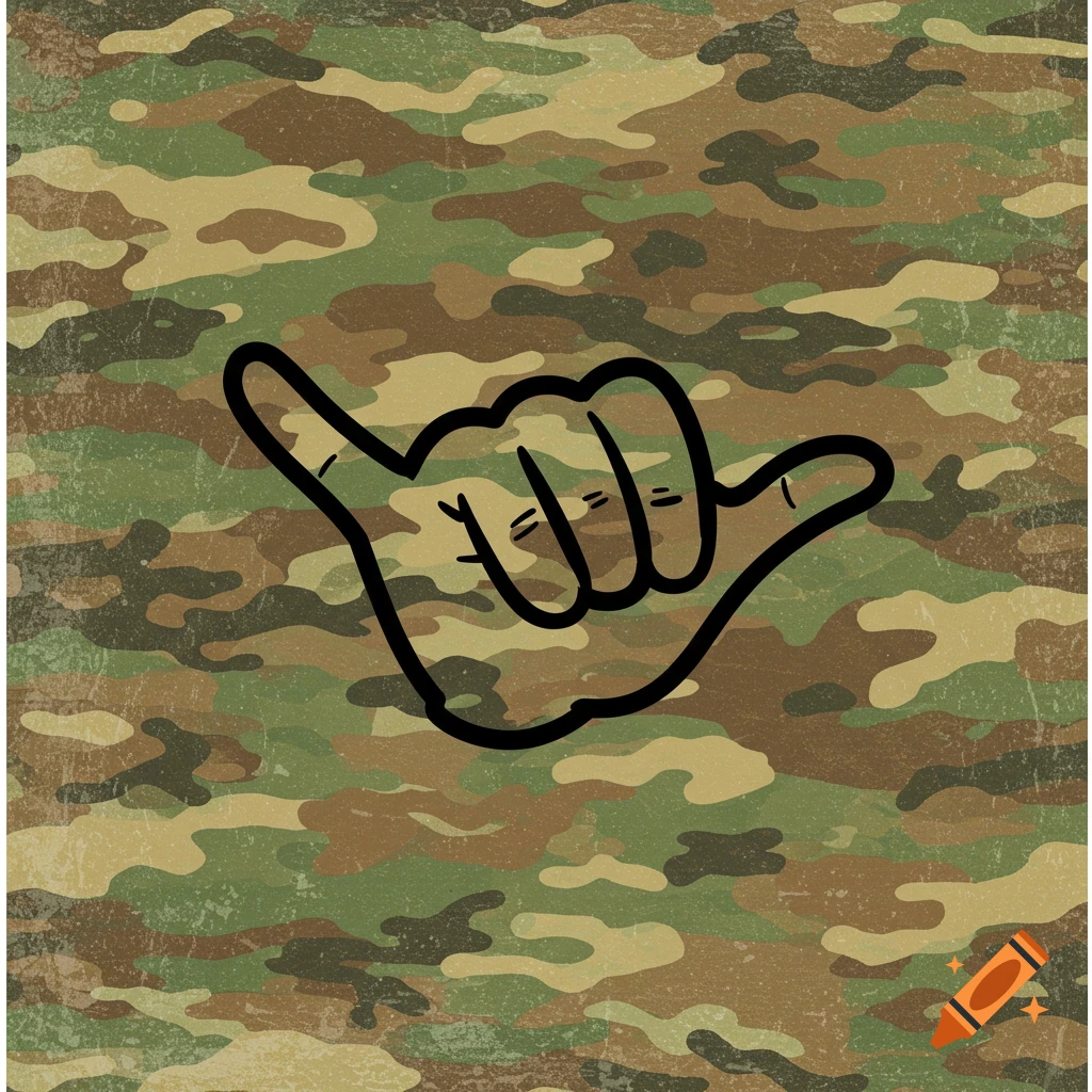 Black outline of a hang ten hand sign on a camouflage background.
