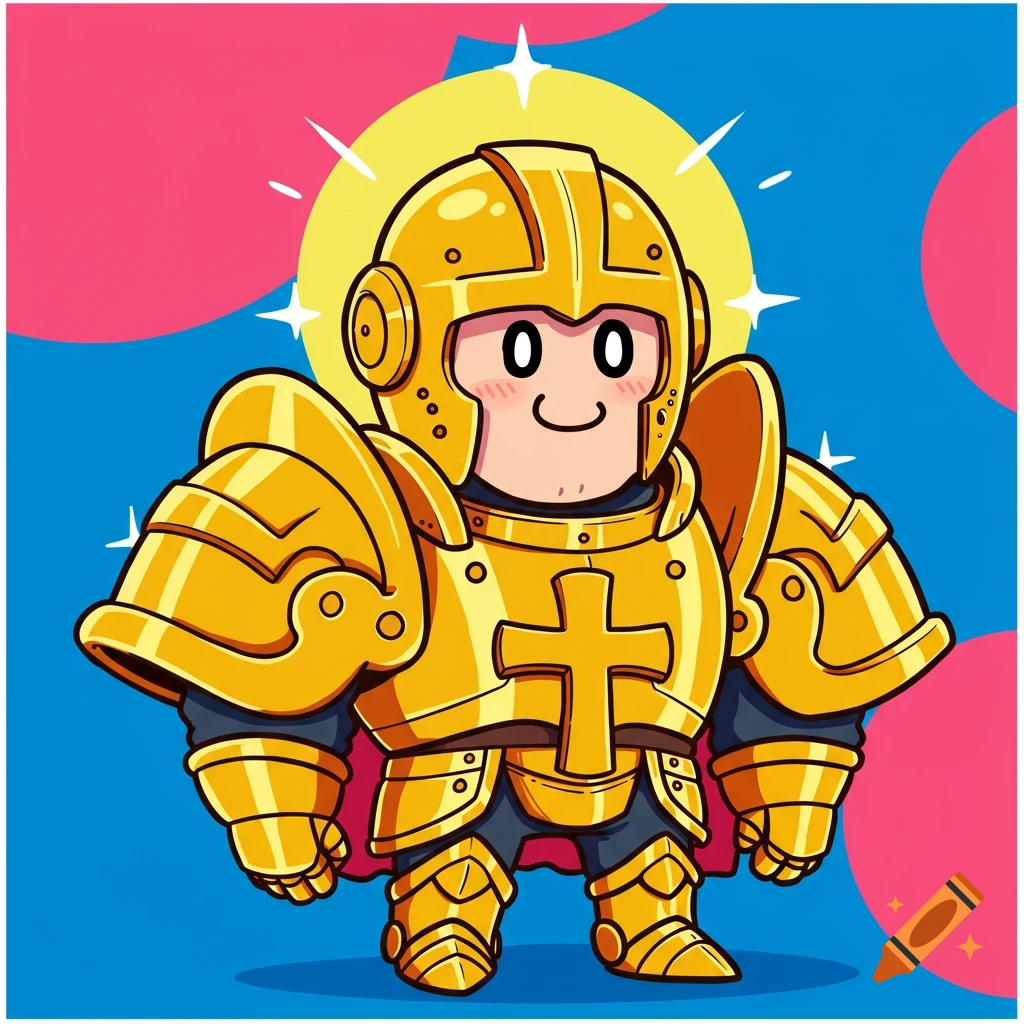 A cartoon knight in golden armor with a cross emblem and smiling face.
