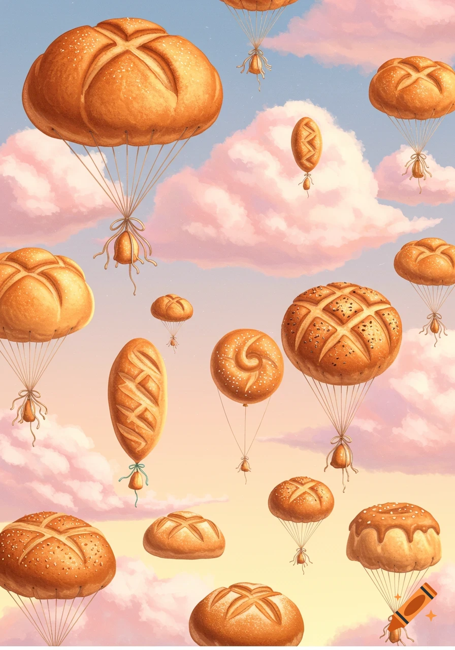 Bread loaves float through a pastel sky on parachutes attached to small figures, amidst pink clouds.