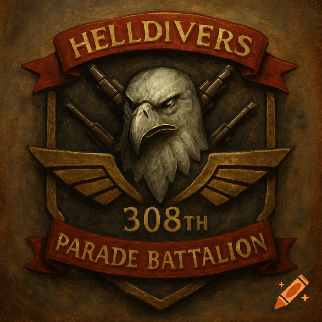 Badge with an eagle, rifles, wings, and banners with text 'HELLDIVERS 308th PARADE BATTALION'
