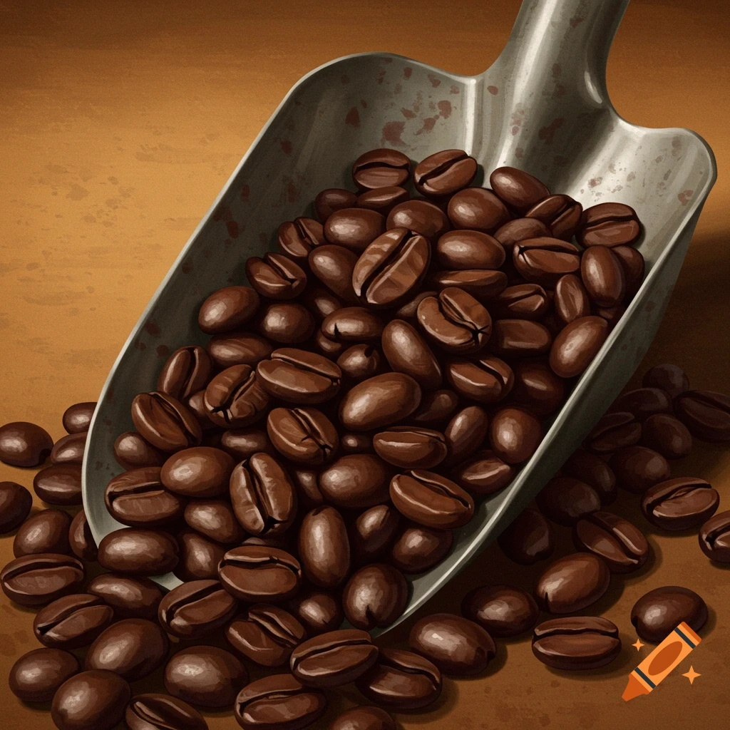 Close-up of coffee beans in a metal shovel