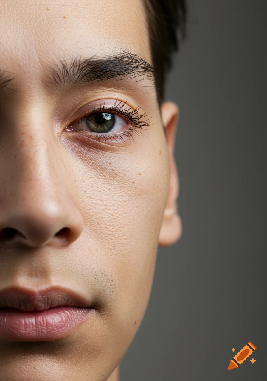 Close-up photorealistic portrait of a person's face showing eye, nose, and mouth