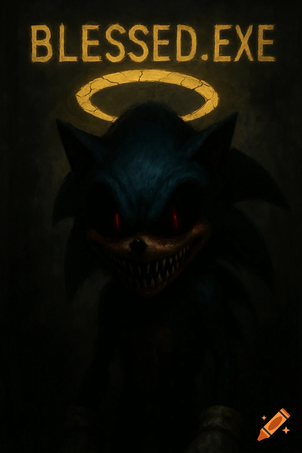 A dark, creepy image of Sonic.exe with sharp teeth, red eyes, a cracked halo, and 'BLESSED.EXE' text.