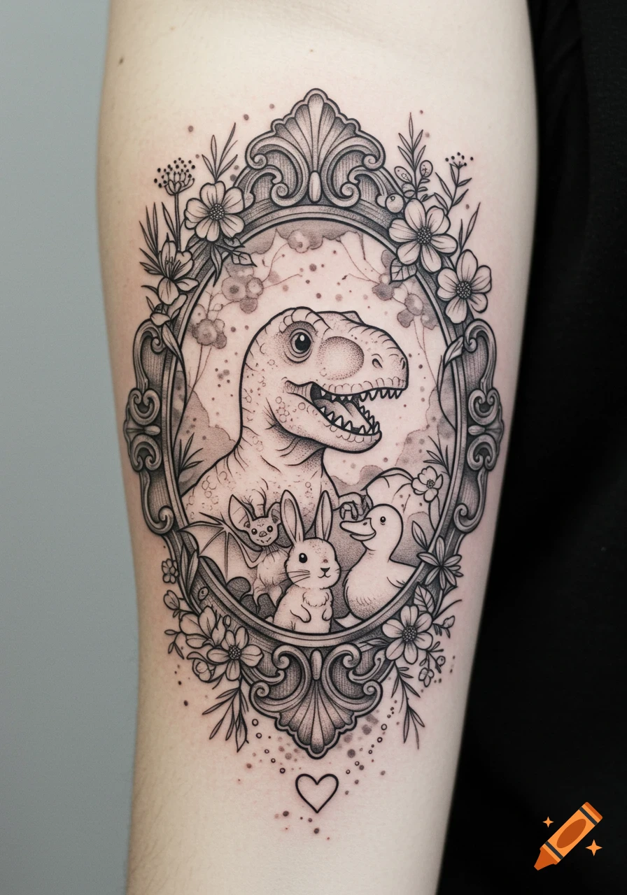 Black and grey line-art tattoo on an arm featuring a cartoon dinosaur and friends (bat, bunny, duck) in an ornate floral frame.