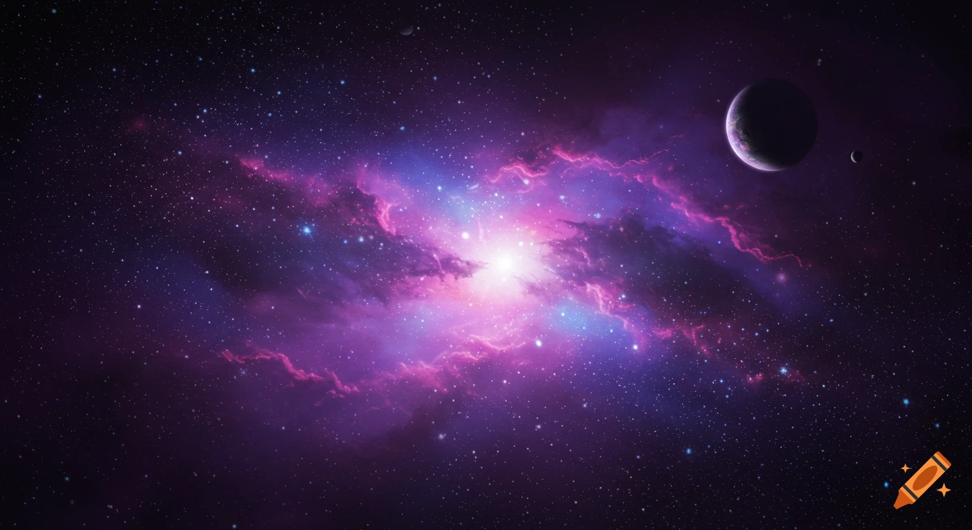 Colorful nebula with a planet and moon in deep space